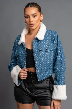 FUZZY FUR TRIM DENIM SEQUINS BUTTON DOWN JACKET
