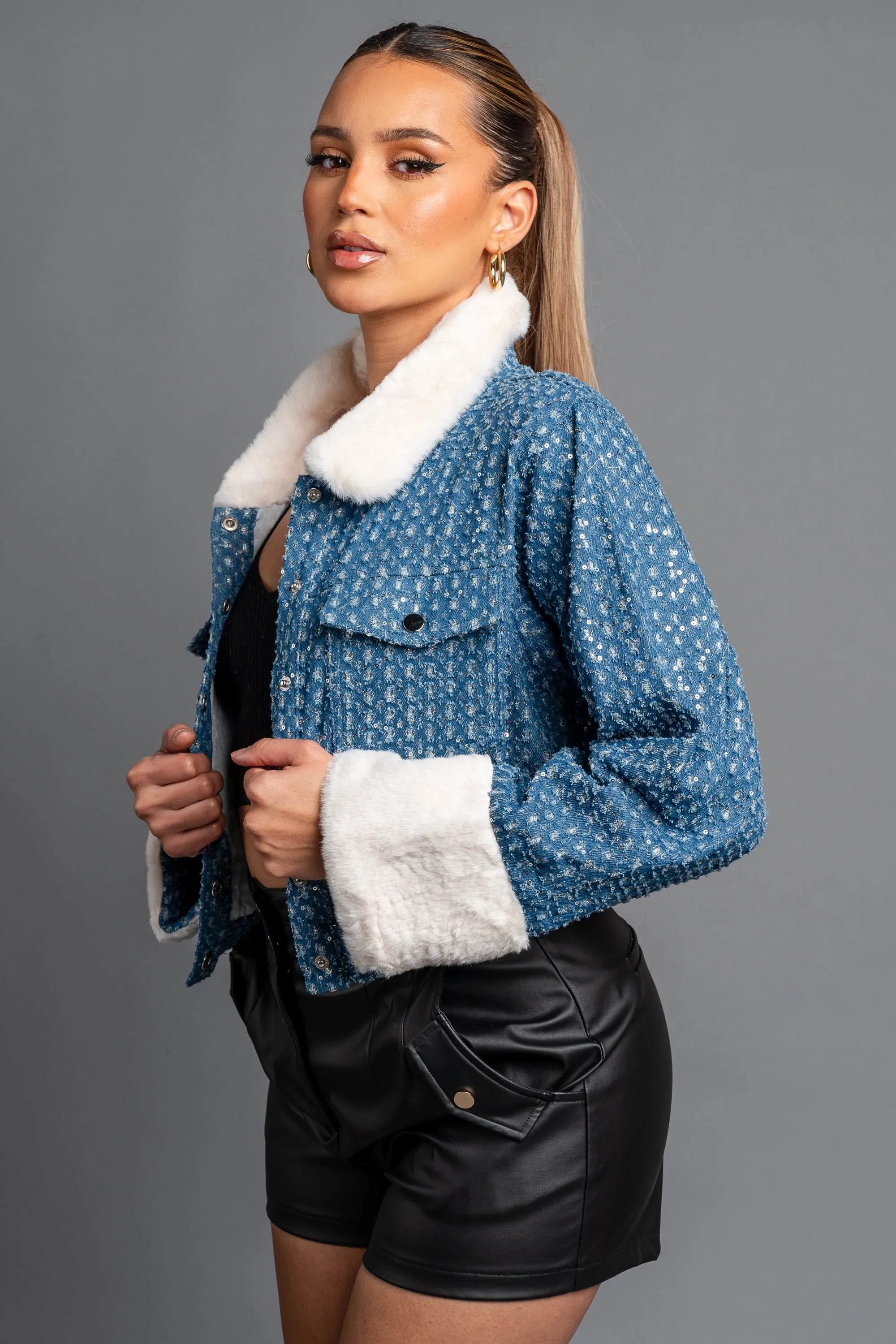FUZZY FUR TRIM DENIM SEQUINS BUTTON DOWN JACKET