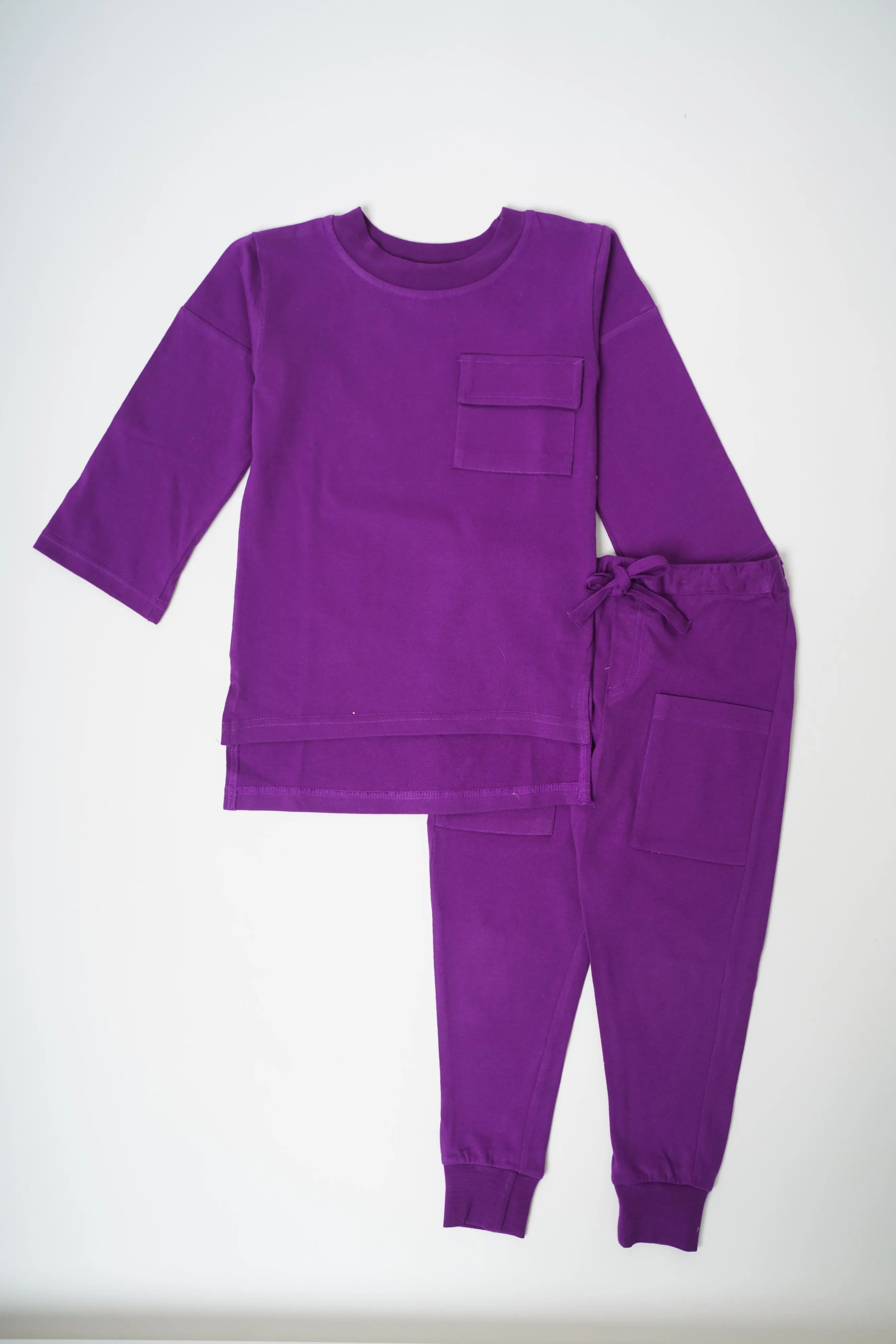 Girls 100% Cotton Knit Purple Loungewear with pockets