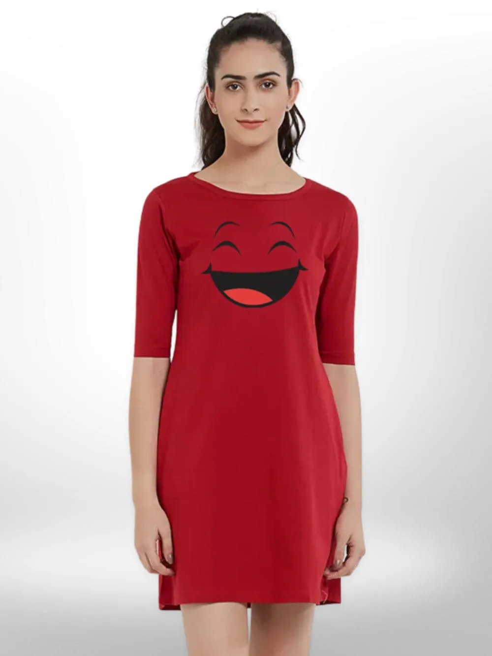 HAPPY SMILY PEINTED T-SHIRT THREE QUARTER SLEEVE SIDE POCKET For Women's