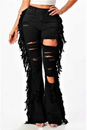 High Rise Flare Tassel Black Jeans