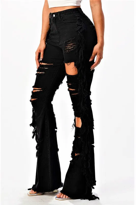 High Rise Flare Tassel Black Jeans