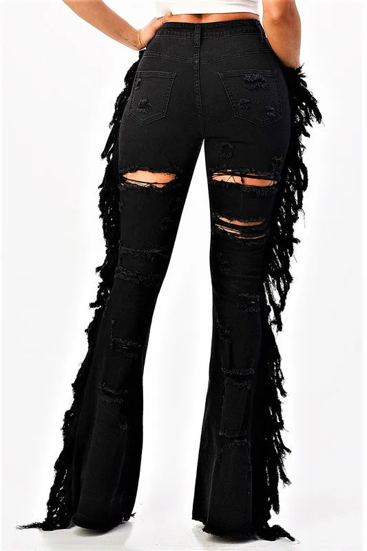 High Rise Flare Tassel Black Jeans