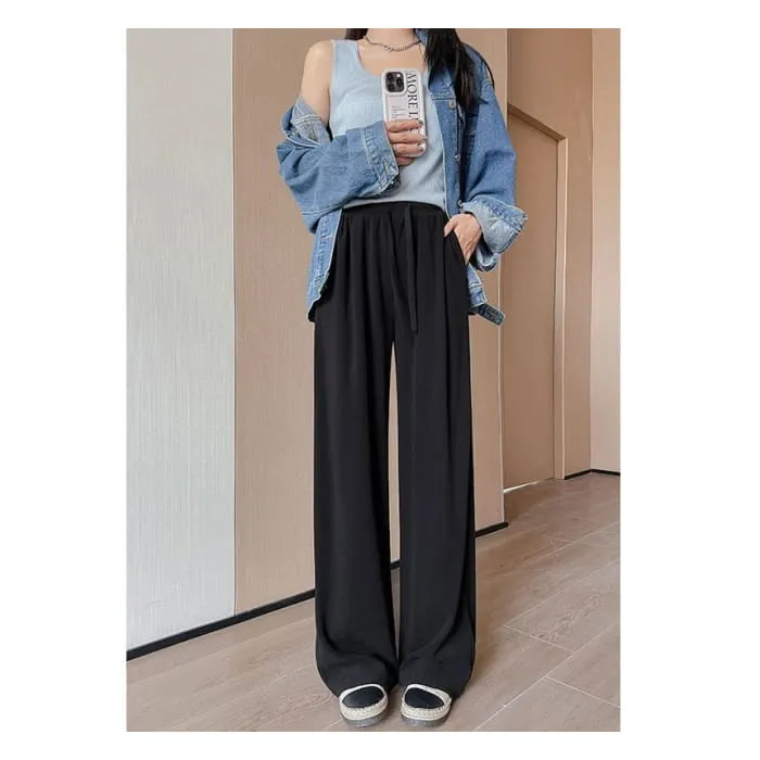 High Rise Plain Drawstring Drape Wide Leg Sweatpants