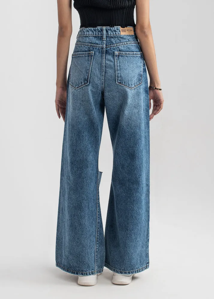 High Rise Stretchable Knee-cut Jeans with Flare (RIPPED APART )
