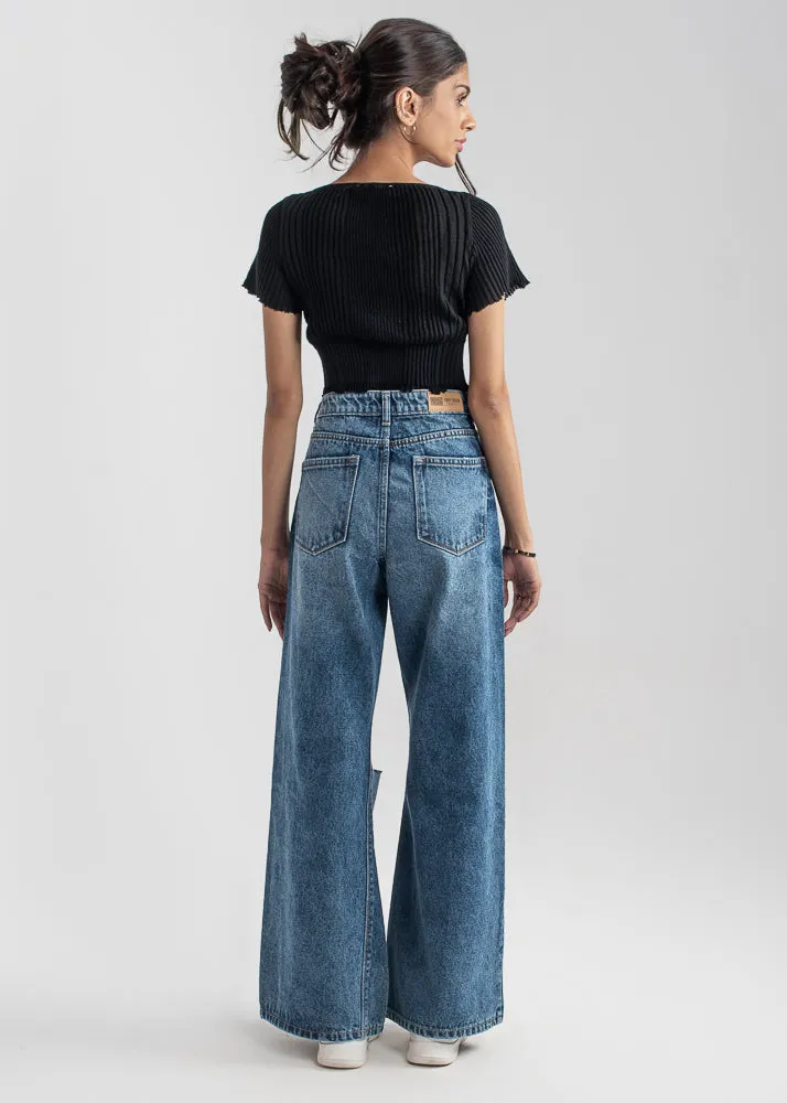High Rise Stretchable Knee-cut Jeans with Flare (RIPPED APART )