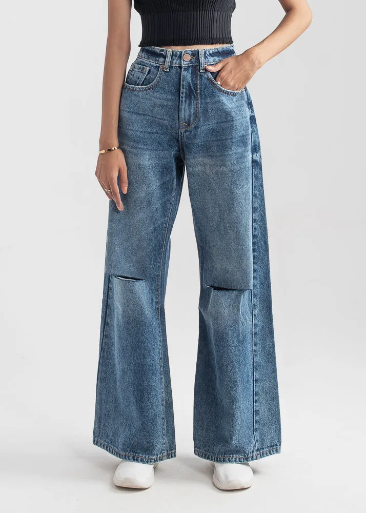 High Rise Stretchable Knee-cut Jeans with Flare (RIPPED APART )