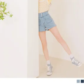 HIGH WAIST BUTTONS ELASTIC DENIM SHORTS