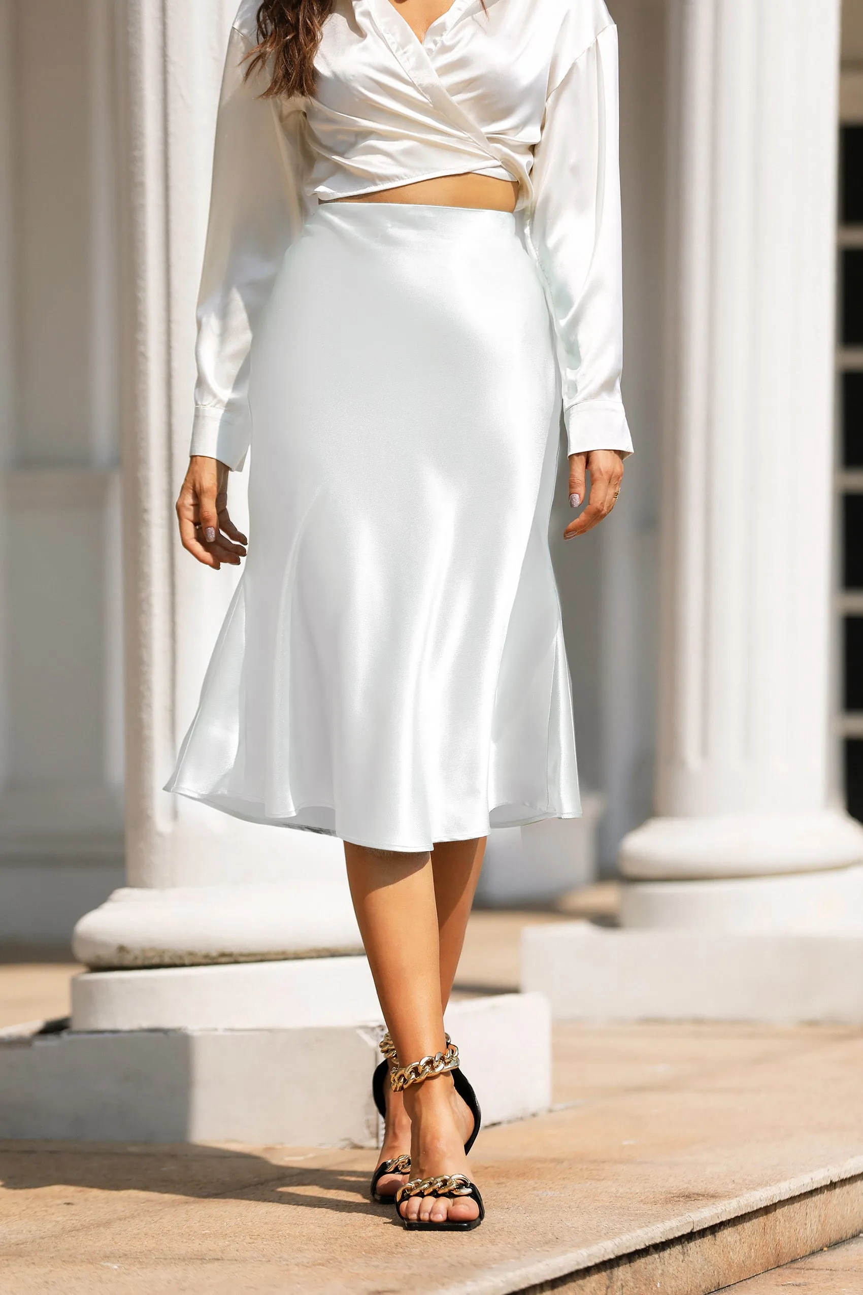 High Waist Silky Satin Fishtail Midi Skirt White