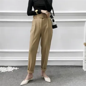 High Waist Solid Long Pants With Belt
