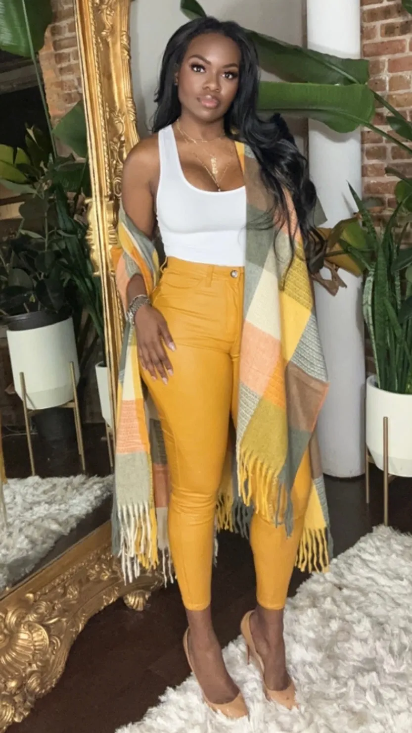 High Waist Vegan Leather  Pants - Mustard