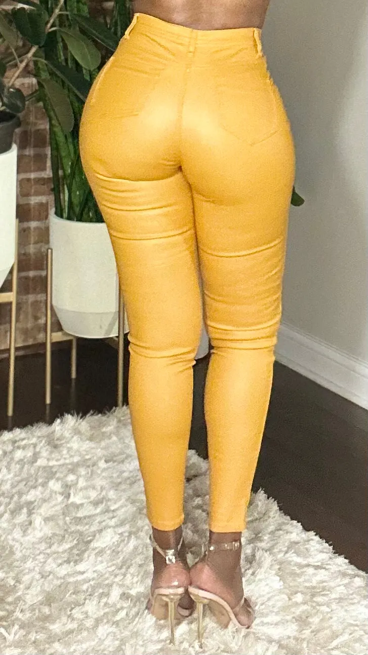 High Waist Vegan Leather  Pants - Mustard