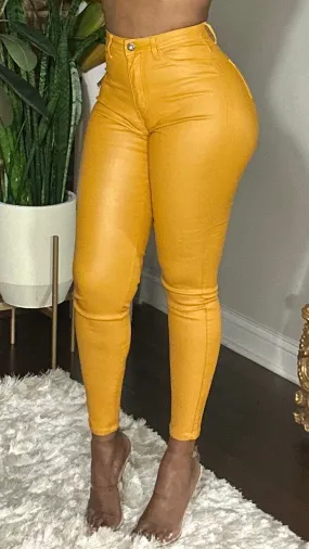 High Waist Vegan Leather  Pants - Mustard
