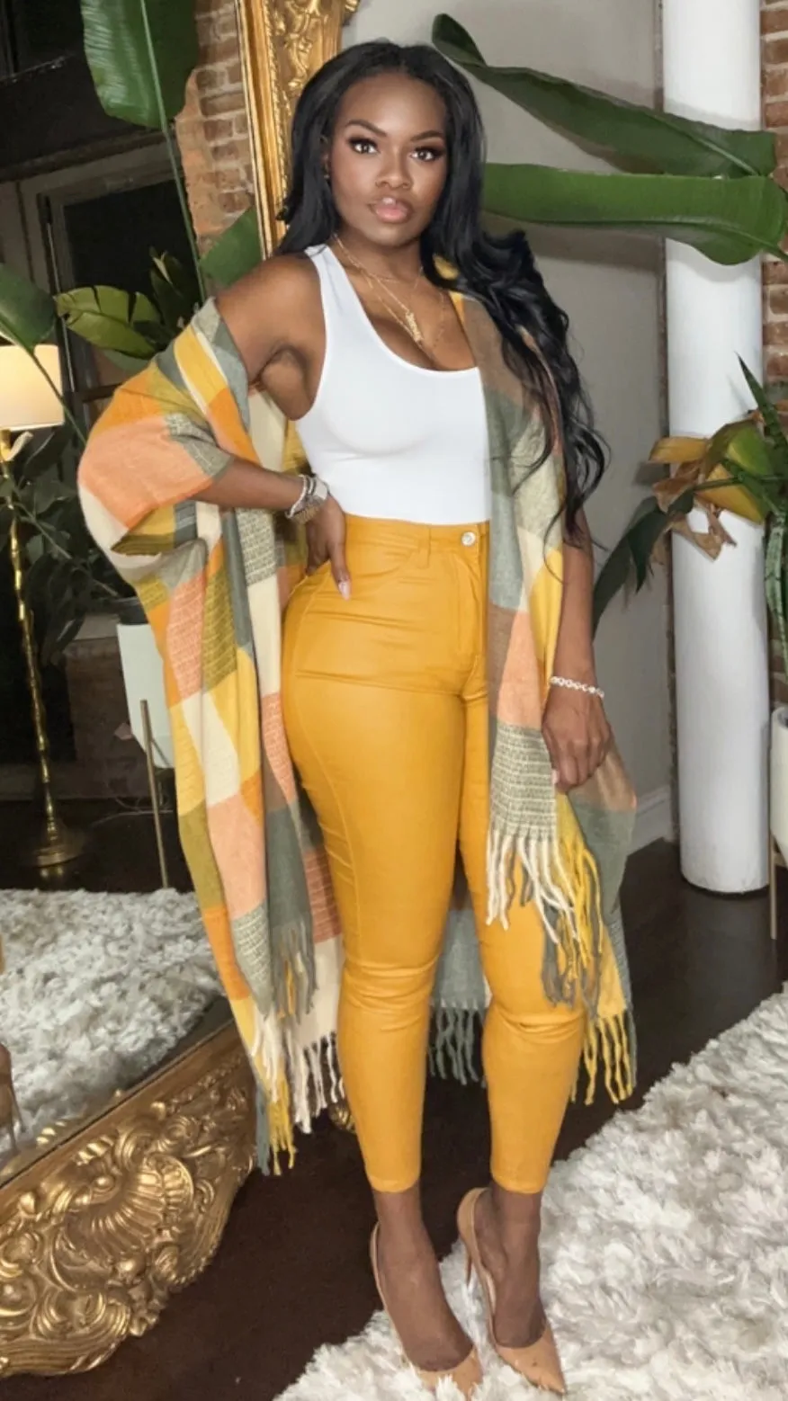 High Waist Vegan Leather  Pants - Mustard