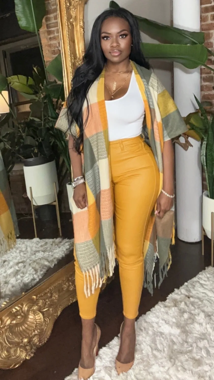 High Waist Vegan Leather  Pants - Mustard