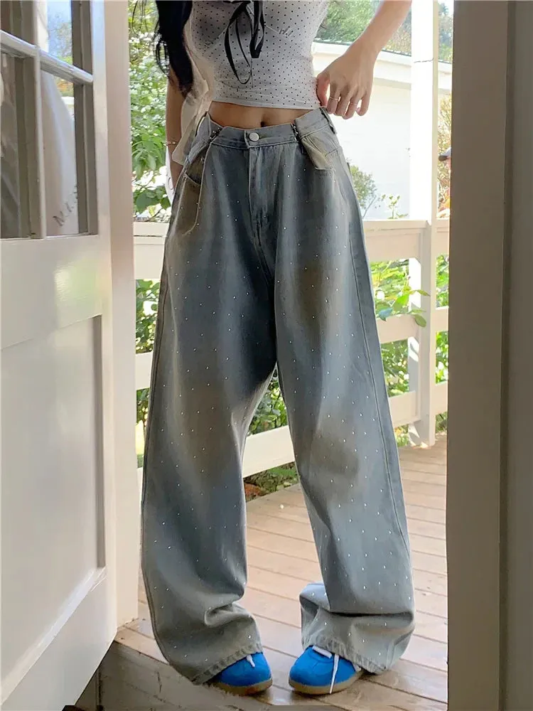 Hot Diamond Retro Streetwear Loose Wide Leg Jeans