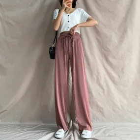 Ice Silk Wide Leg Pants Women Summer High Waist Drape Loose Floor Length Petite Casual Pleated Thin Pants