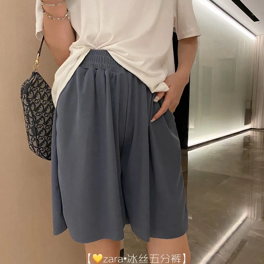 Ice Silk Wide Leg Shorts Women Bermuda Popular Summer High Waist Slim Look Straight Casual Pants Student Korean Bermuda Shorts
