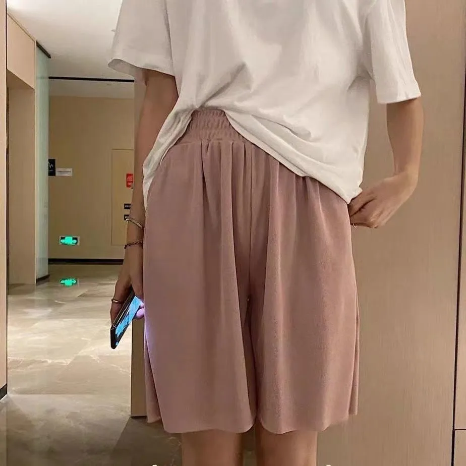 Ice Silk Wide Leg Shorts Women Bermuda Popular Summer High Waist Slim Look Straight Casual Pants Student Korean Bermuda Shorts