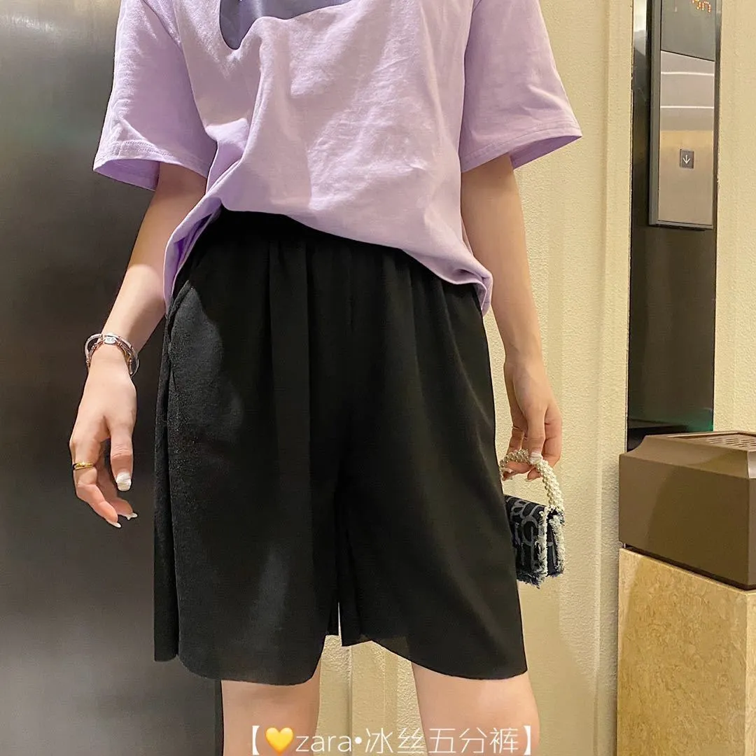 Ice Silk Wide Leg Shorts Women Bermuda Popular Summer High Waist Slim Look Straight Casual Pants Student Korean Bermuda Shorts