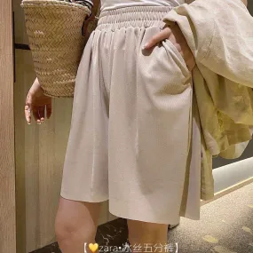 Ice Silk Wide Leg Shorts Women Bermuda Popular Summer High Waist Slim Look Straight Casual Pants Student Korean Bermuda Shorts