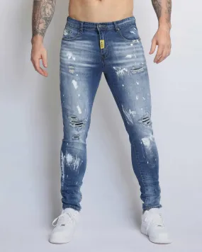 Irregular Paint Blue Ripped Jeans in Medium Wash-Mexico Local Delivery