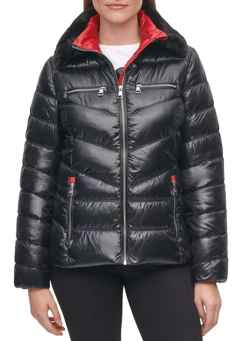 Karl Lagerfeld Paris Faux Fur Collar Water Resistant Zip Front Short Puffer Jacket - Black