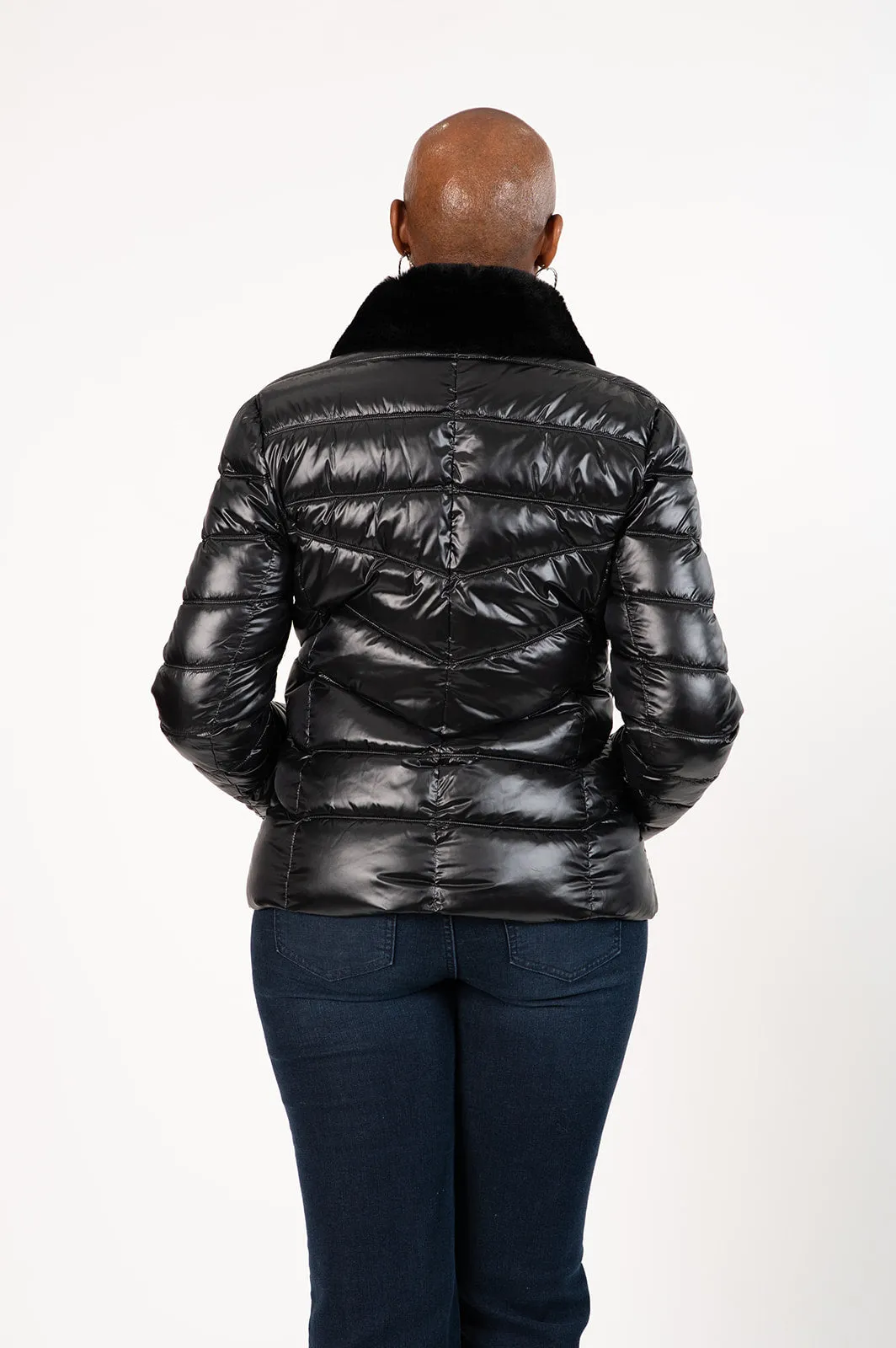 Karl Lagerfeld Paris Faux Fur Collar Water Resistant Zip Front Short Puffer Jacket - Black