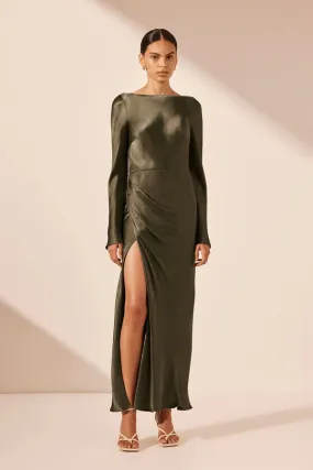 La Lune Flared Sleeve Side Split Midi Dress - Forest