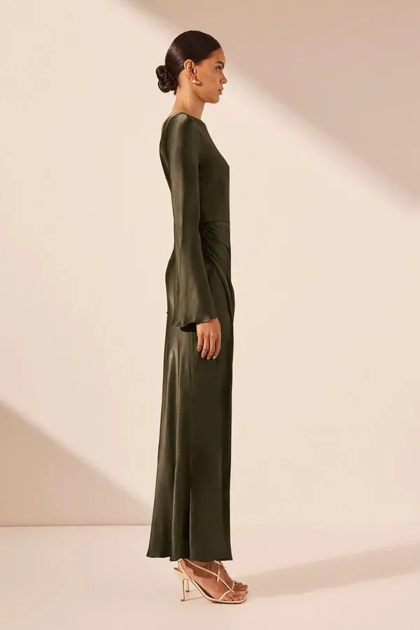 La Lune Flared Sleeve Side Split Midi Dress - Forest