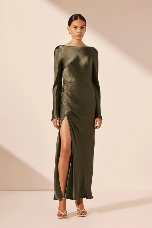 La Lune Flared Sleeve Side Split Midi Dress - Forest