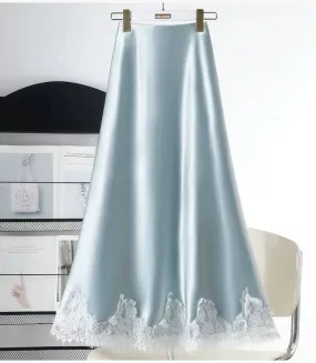 Lace Stitching Silk Draping Glossy A line Midi Skirt