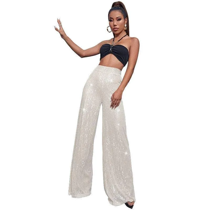 Ladies Solid Glitter Sequin Wide Leg Pants R9175
