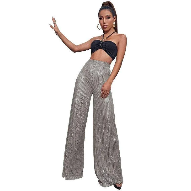 Ladies Solid Glitter Sequin Wide Leg Pants R9175