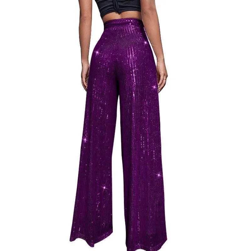 Ladies Solid Glitter Sequin Wide Leg Pants R9175