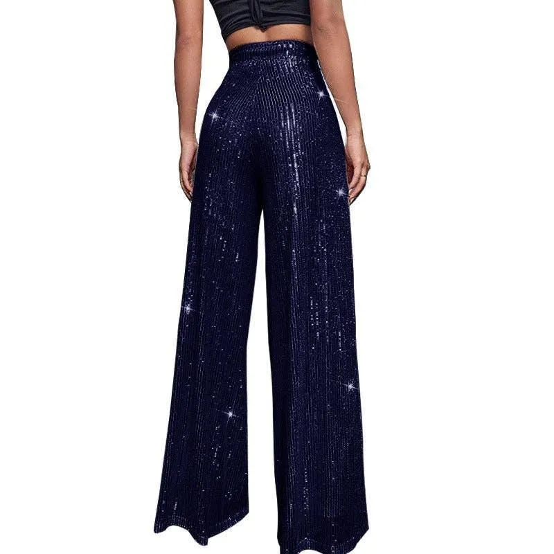 Ladies Solid Glitter Sequin Wide Leg Pants R9175