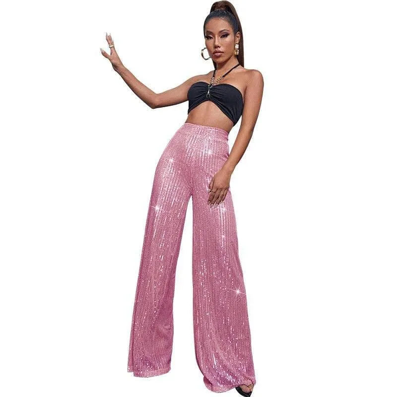 Ladies Solid Glitter Sequin Wide Leg Pants R9175