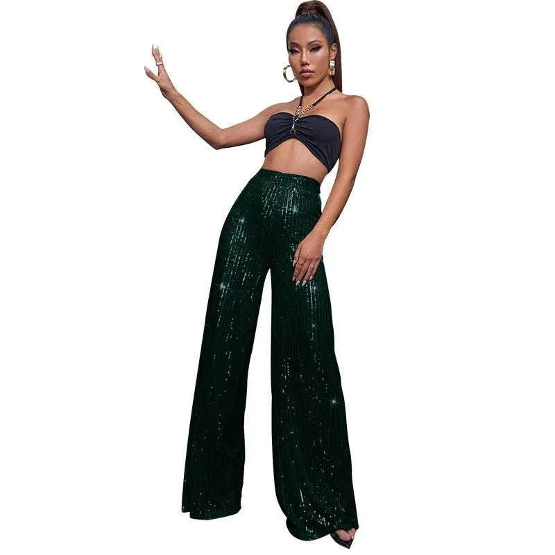 Ladies Solid Glitter Sequin Wide Leg Pants R9175