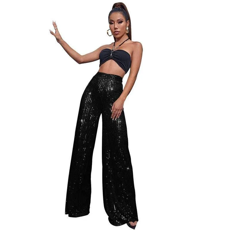 Ladies Solid Glitter Sequin Wide Leg Pants R9175