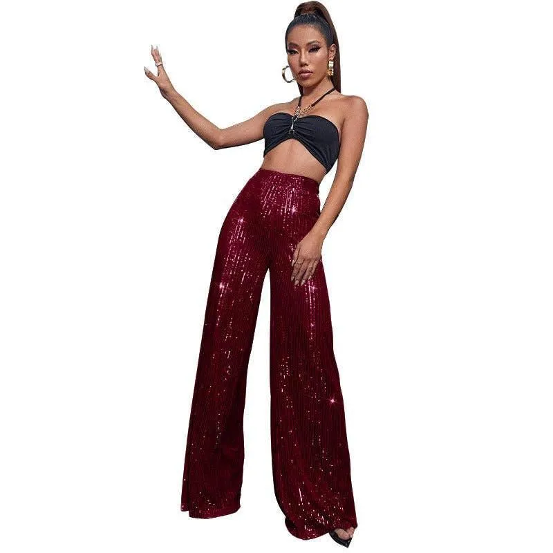 Ladies Solid Glitter Sequin Wide Leg Pants R9175