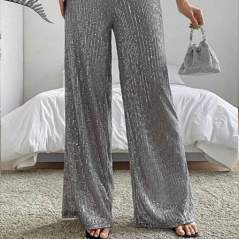 Ladies Solid Glitter Sequin Wide Leg Pants R9175