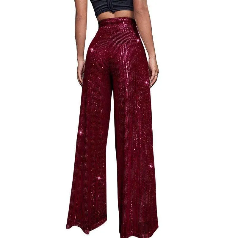Ladies Solid Glitter Sequin Wide Leg Pants R9175