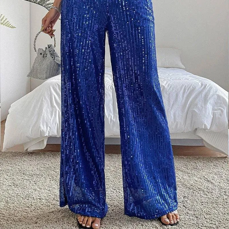 Ladies Solid Glitter Sequin Wide Leg Pants R9175