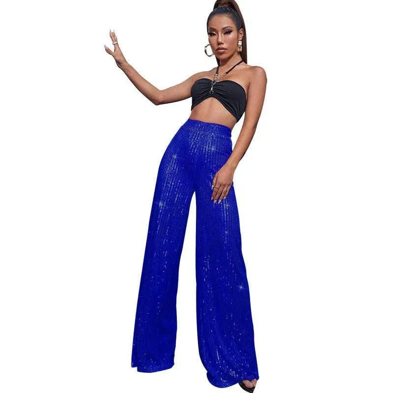Ladies Solid Glitter Sequin Wide Leg Pants R9175