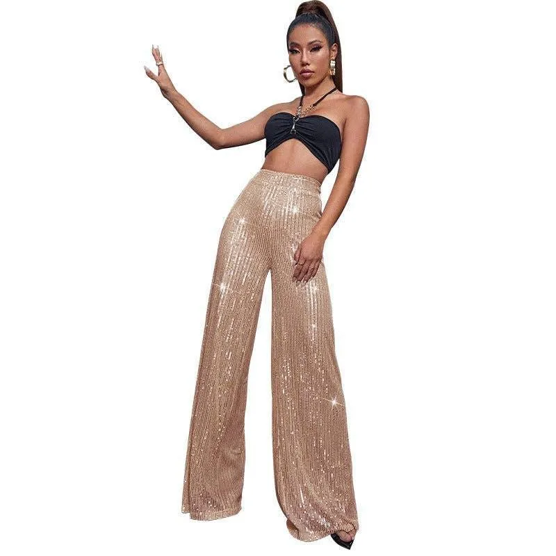 Ladies Solid Glitter Sequin Wide Leg Pants R9175