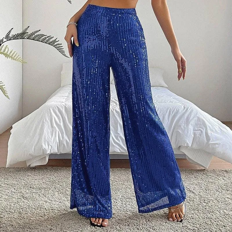 Ladies Solid Glitter Sequin Wide Leg Pants R9175