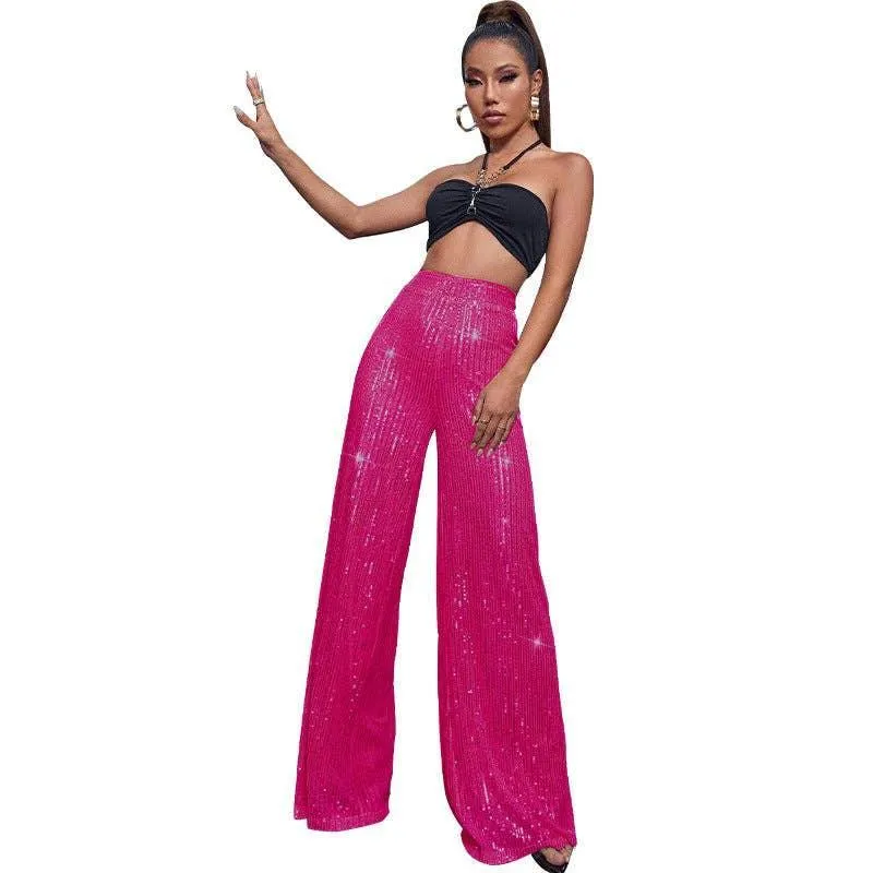 Ladies Solid Glitter Sequin Wide Leg Pants R9175