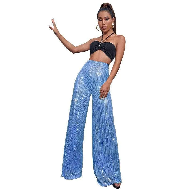Ladies Solid Glitter Sequin Wide Leg Pants R9175