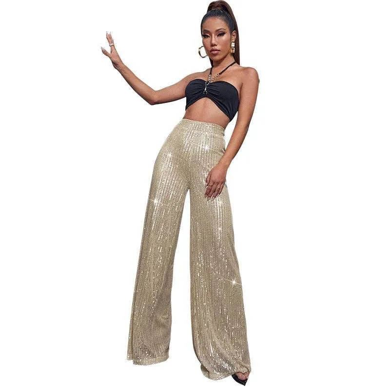 Ladies Solid Glitter Sequin Wide Leg Pants R9175