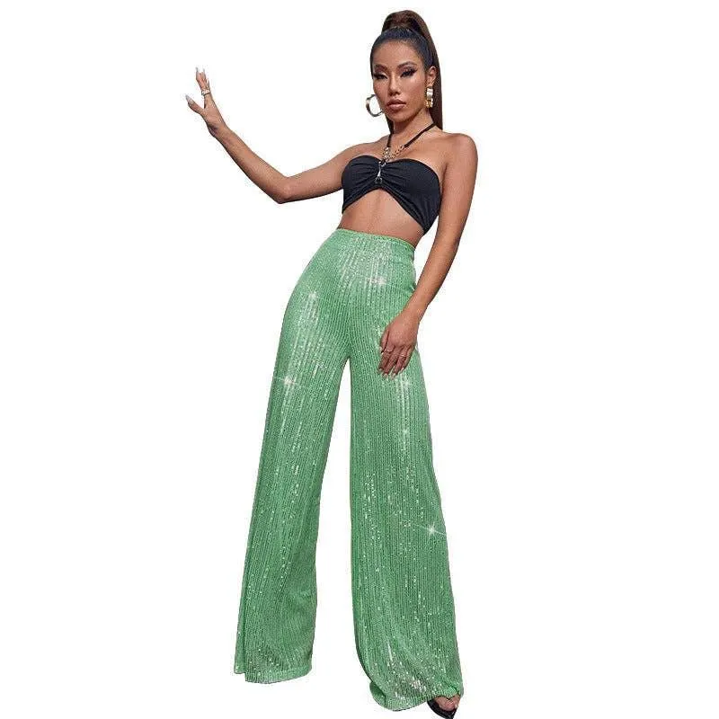 Ladies Solid Glitter Sequin Wide Leg Pants R9175